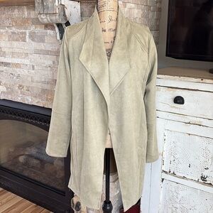 hem & thread tan long line open front light faux suede jacket with side pockets